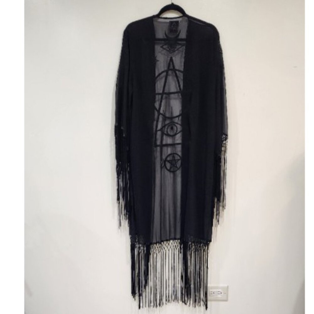 "🦋💋HOT ITEM! 💋🦋VTG 2013 UNIF Black "Wiccan" Embroidered Fringed Maxi Kimono - Picture 15 of 16